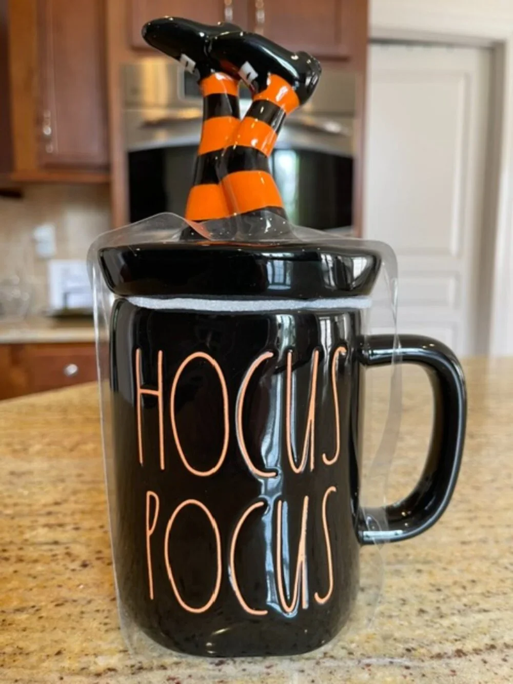 Rae Dunn Halloween Hocus Pocus Mug with Witch Legs Topper New Black/Orange